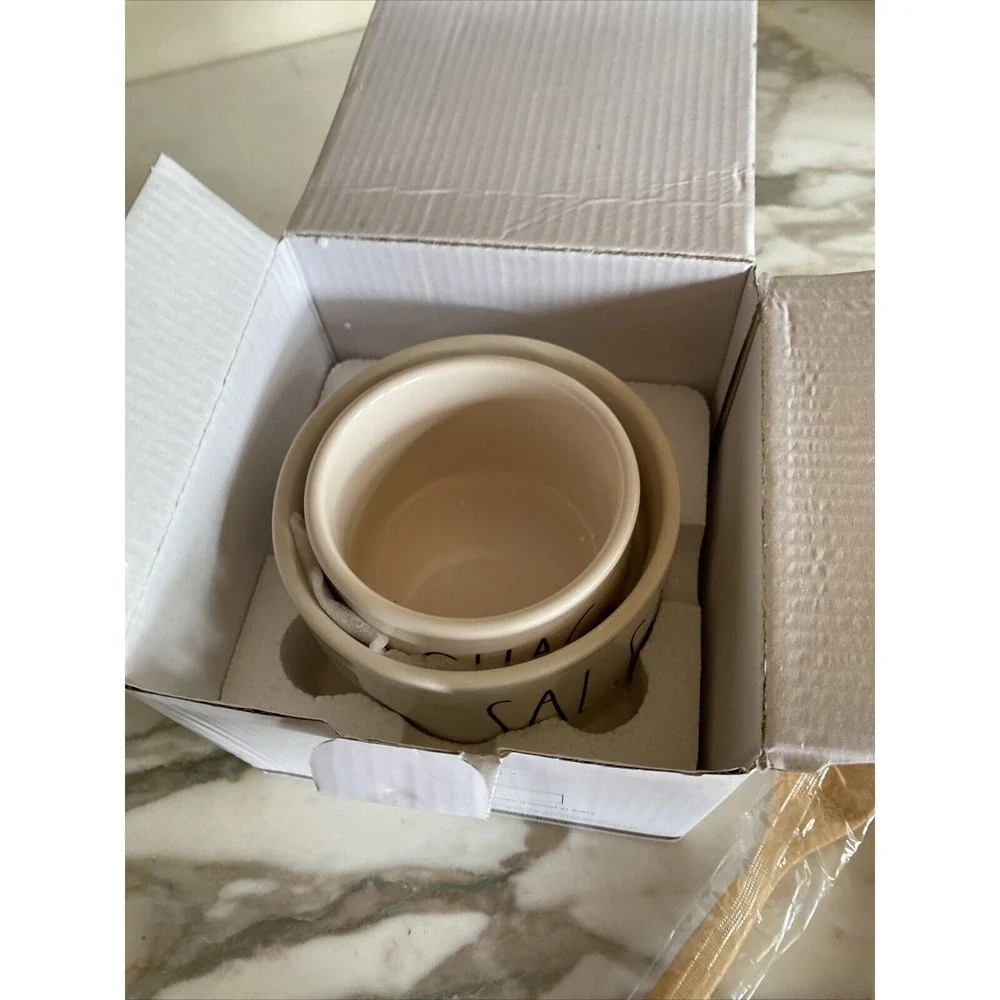 Rae Dunn Artisan Collection Guac & Salsa Ceramic Bowl Set‎ W/ Bamboo Spoons